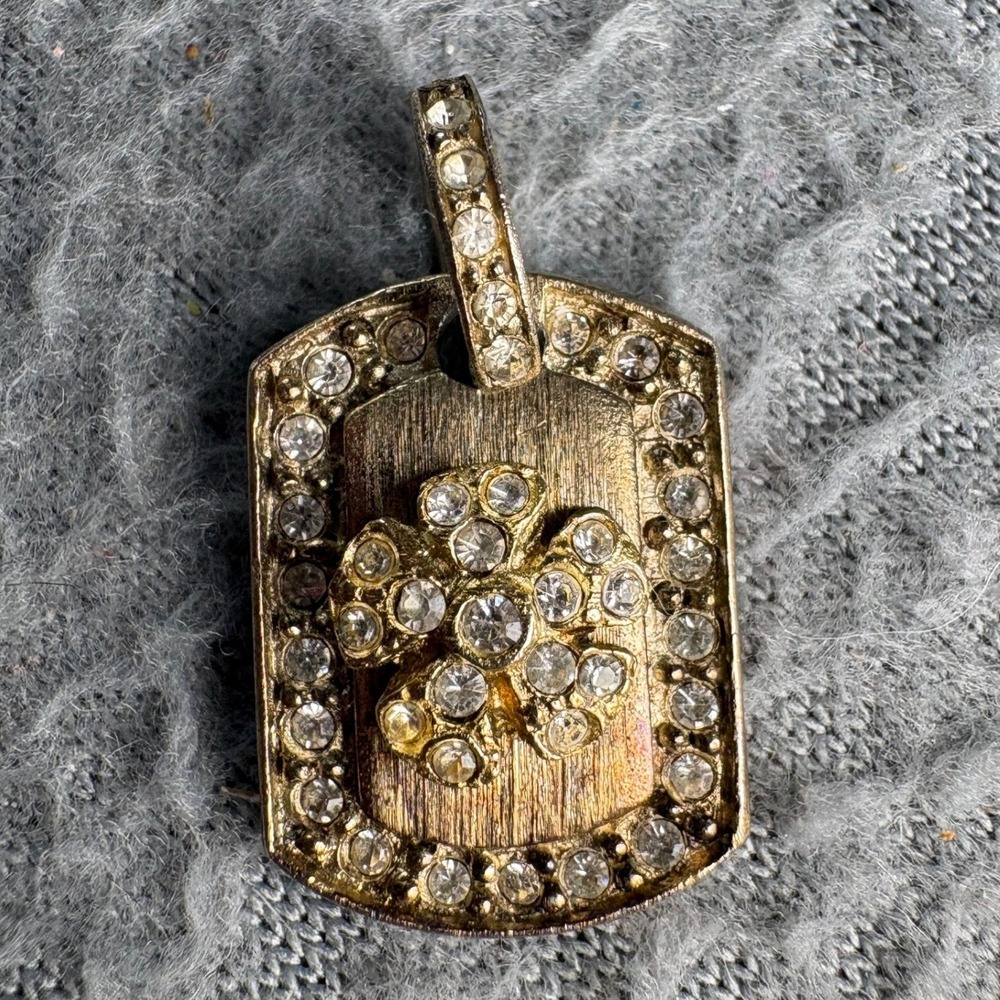 Vintage Gold Tone Rhinestone Four Leaf Clover Dog Tag Pendant Charm Lucky 1 Inch
